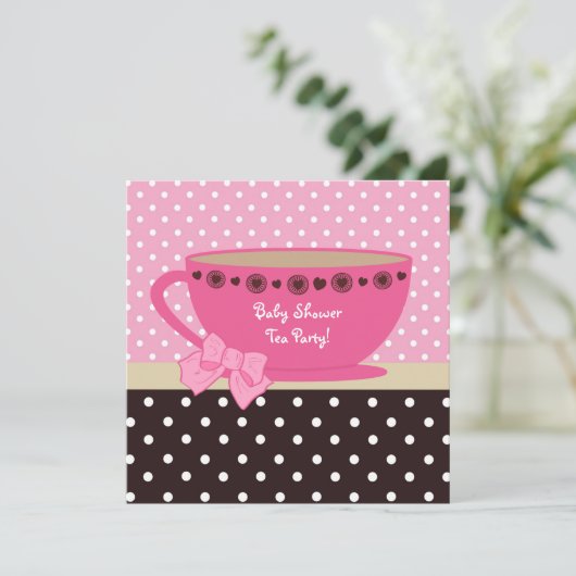 baby shower Tea Party roze en Brown Polka Dots Kaart (Staand voorkant)