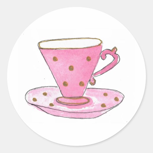 Baby shower Tea Party | Waterverf Pink Tea Cup Ronde Sticker (Voorkant)