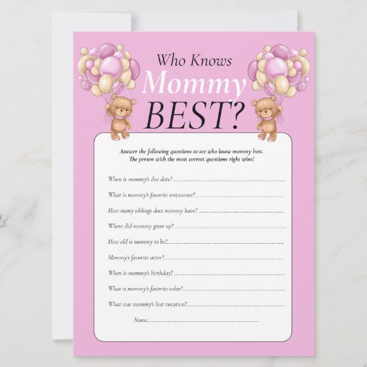 Baby shower, teddy ballons meisje dat mama kent kaart (Voorkant)