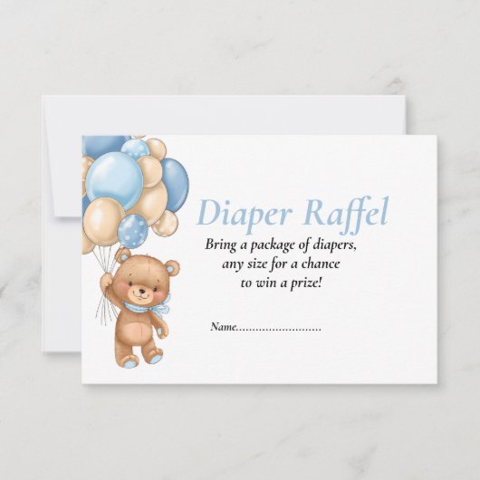 Baby shower Teddy Balloons Blue Diaper Raffel Inv Kaart (Voorkant)