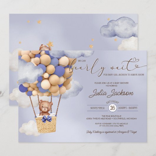 Baby shower Teddy Bear Air Ballon Blue Cloud Boy Kaart (Voorkant / Achterkant)