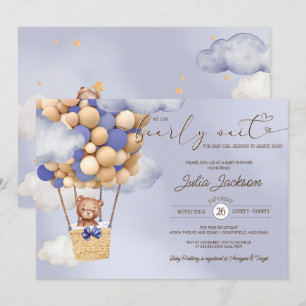 Baby shower Teddy Bear Air Ballon Blue Cloud Boy Kaart