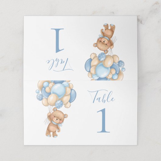 Baby shower Teddy Bear Ballon Blue Place Card Plaatskaartje (Buitenkant ongevouwen)