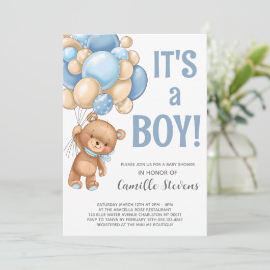 Baby shower Teddy Bear Balloon Boy Kaart (Staand voorkant)