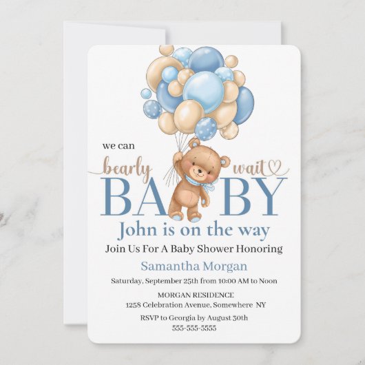 Baby shower Teddy Bear Balloon Boy Theme Kaart (Voorkant)