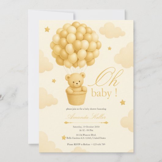 Baby shower Teddy Bear Balloon Kaart (Voorkant)