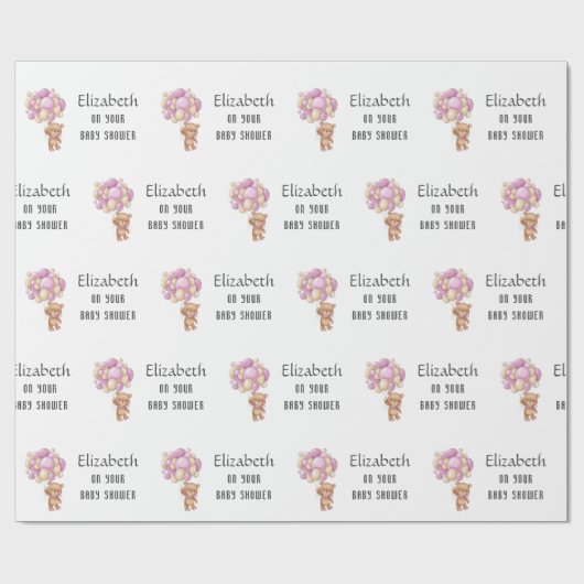 BABY SHOWER Teddy Bear Balloon Theme Gepersonalise Cadeaupapier (Vlak)