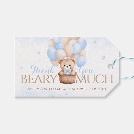 Baby shower Teddy Bear Blue Balloon Boy Cadeaulabel (Voorkant (Horizontaal))