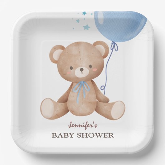 Baby shower Teddy Bear Blue Balloon Boy Papieren Bordje (Voorkant)