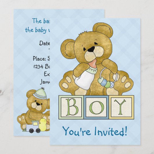 baby shower Teddy Bear Boy Kaart (Voorkant / Achterkant)