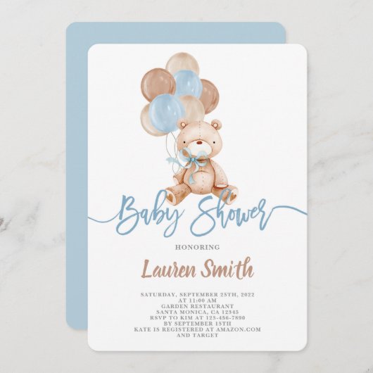 Baby shower Teddy Bear Boy Kaart (Voorkant / Achterkant)