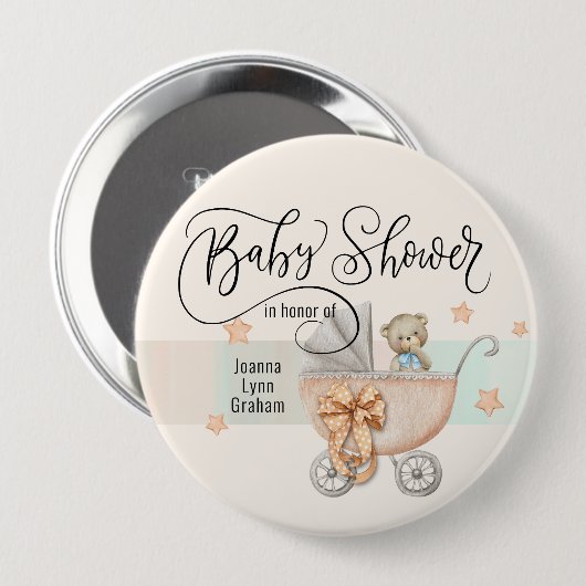 Baby shower Teddy Bear - Gepersonaliseerd op 4 inc Ronde Button 4,0 Cm (Voorkant /achterkant)