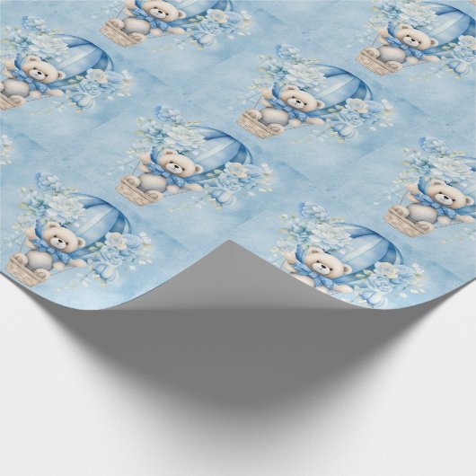 Baby shower Teddy Bear Hot Air Ballon Boy Cadeaupapier (Hoek)