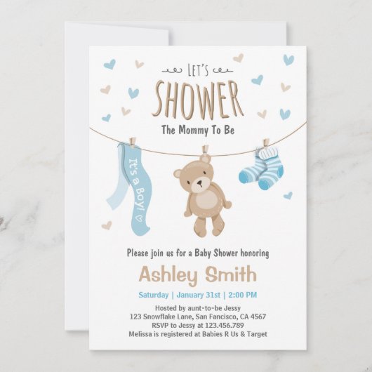 Baby shower Teddy Bear Invitation Baby Boy Kaart (Voorkant)