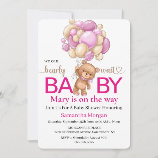 Baby shower Teddy Bear Meisje Thema Kaart (Voorkant)