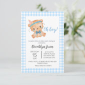 Baby shower Teddy Bear Oh Boy Blue Gingham Bedankkaart (Staand voorkant)