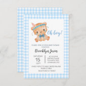 Baby shower Teddy Bear Oh Boy Blue Gingham Bedankkaart (Voorkant / Achterkant)