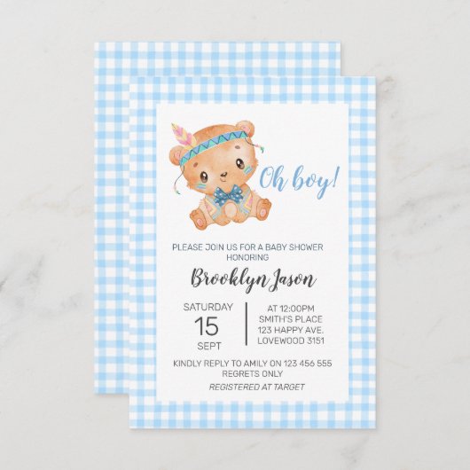 Baby shower Teddy Bear Oh Boy Blue Gingham Bedankkaart (Voorkant / Achterkant)