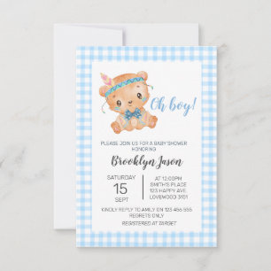 Baby shower Teddy Bear Oh Boy Blue Gingham Bedankkaart