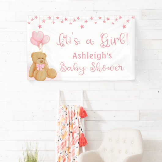 Baby shower Teddy Bear Pink Balloons ITS A GIRL Spandoek (Insitu)