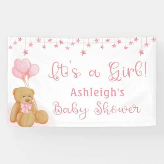 Baby shower Teddy Bear Pink Balloons ITS A GIRL Spandoek (Horizontaal)