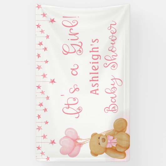 Baby shower Teddy Bear Pink Balloons ITS A GIRL Spandoek (Verticaal)