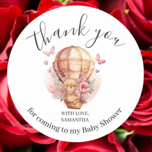 Baby shower Teddy Bear PINK Hot Air ballon Ronde Sticker