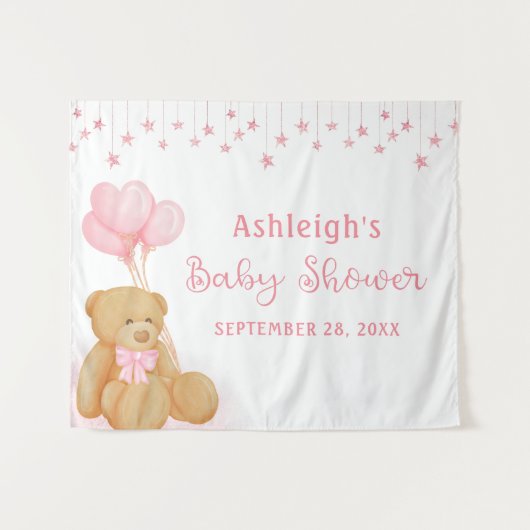 Baby shower Teddy Bear Pink Stars Achtergrond Wandkleed (Voorkant (horizontaal))
