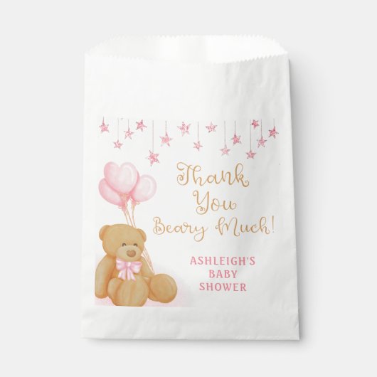 Baby shower Teddy Bear Pink Stars Dank je Bedankzakje (Voorkant)