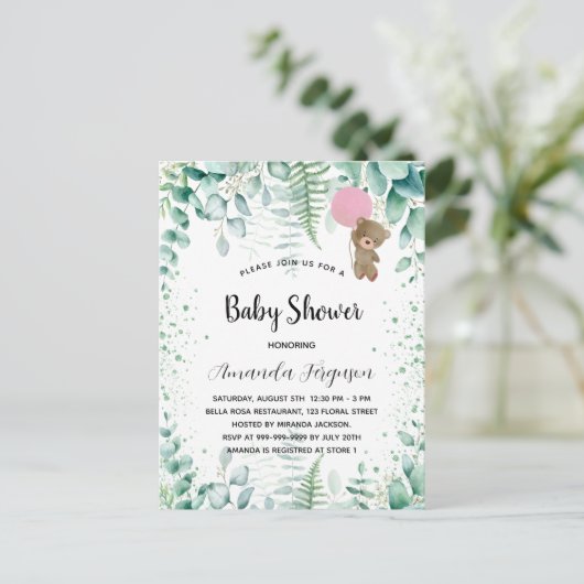 Baby shower teddy bebost eucalyptusmeisje uitnodiging briefkaart (Staand voorkant)