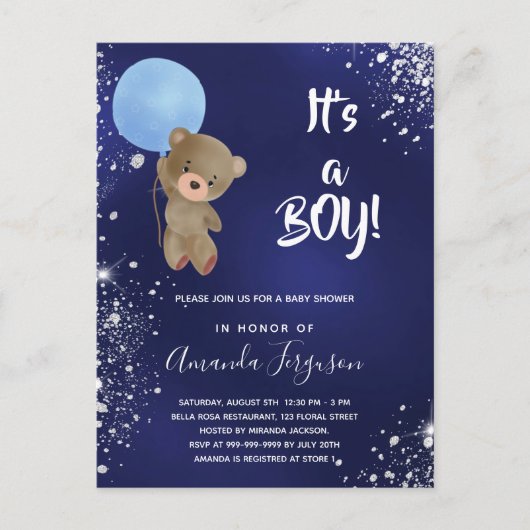 Baby shower teddy beenjongen uitnodiging briefkaart (Voorkant)
