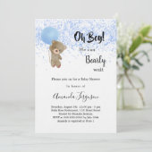 Baby shower teddy beer boy blauwe witte luxe kaart (Staand voorkant)