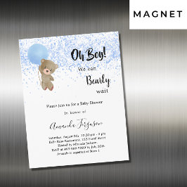 Baby shower teddy beer boy blauwe witte luxe magnetische uitnodiging