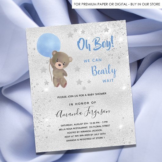 Baby shower teddy beer boy blue budget uitnodiging flyer
