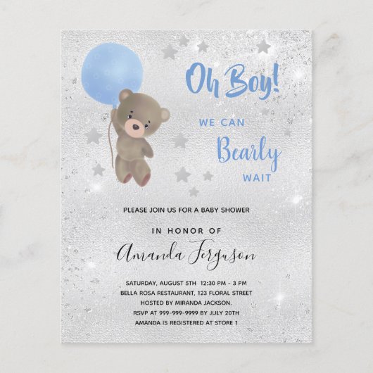 Baby shower teddy beer boy blue budget uitnodiging flyer (Voorkant)