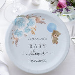Baby shower teddy beer boy pampas gras blauw papieren bordje<br><div class="desc">Voor een elegant en modern baby shower,  om een baby te vieren. Een lichtblauwe achtergrond. Gedecorreerd met lichtblauwe floralen,  pampasgras en een teddybeer met een ballon. Pas een naam en een datum aan en voeg deze toe.</div>