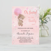 Baby shower teddy beer girl roze zilver kaart (Staand voorkant)