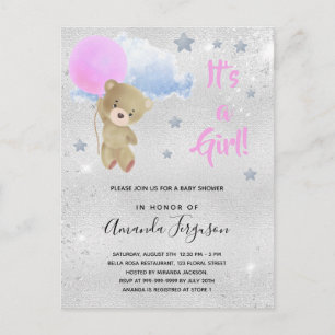 Baby shower teddy beer girl roze zilver uitnodiging briefkaart