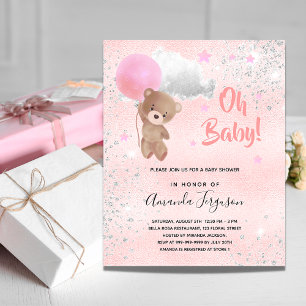 Baby shower teddy beer girl roze zilver uitnodiging briefkaart