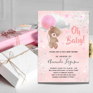 Baby shower teddy beer girl roze zilveren luxe kaart