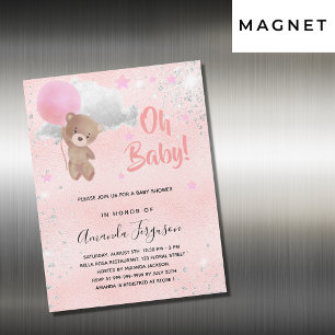 Baby shower teddy beer girl roze zilveren luxe magnetische uitnodiging