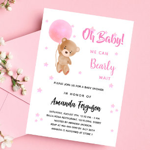 Baby shower teddy beer meisje roze ballon uitnodiging briefkaart
