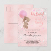 Baby shower teddy beer meisje roze glitter uitnodiging briefkaart (Voorkant / Achterkant)