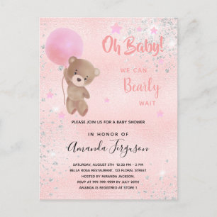 Baby shower teddy beer meisje roze glitter uitnodiging briefkaart