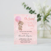 Baby shower teddy beer meisje roze glitter uitnodiging briefkaart (Staand voorkant)