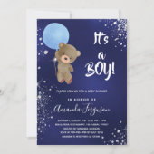 Baby shower teddy beer navy blue glitter kaart (Voorkant)