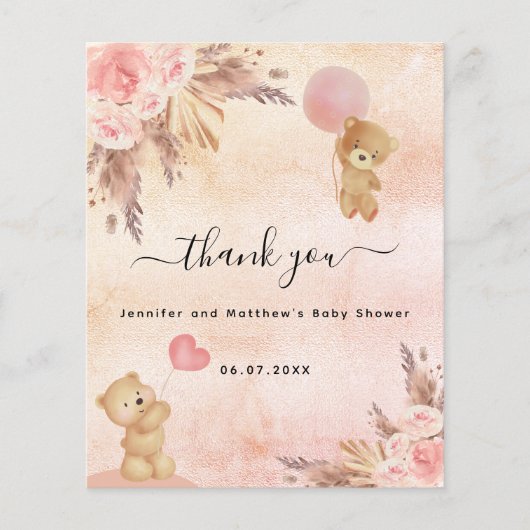 Baby shower teddy beer pampas bedankt (Voorkant)