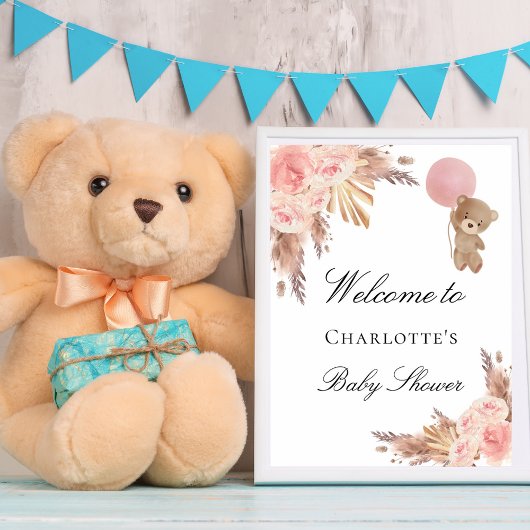 Baby shower teddy beer pampas gras roos blush poster