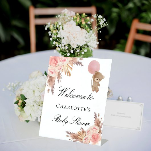 Baby shower teddy beer pampas gras roos blush reclamebord met voetstuk
