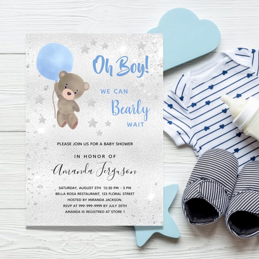 Baby shower teddy beestje blauw uitnodiging briefkaart